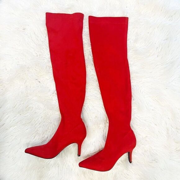 INC International Concepts BRIELLAF Fabric Point Toe Red Over The Knee Boots 6 - Picture 7 of 10